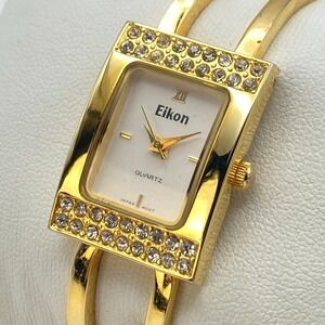 Eikon Women's Tank Watch Gold Tone Cuff Crystals Bling 21mm New Battery SMALL 6"